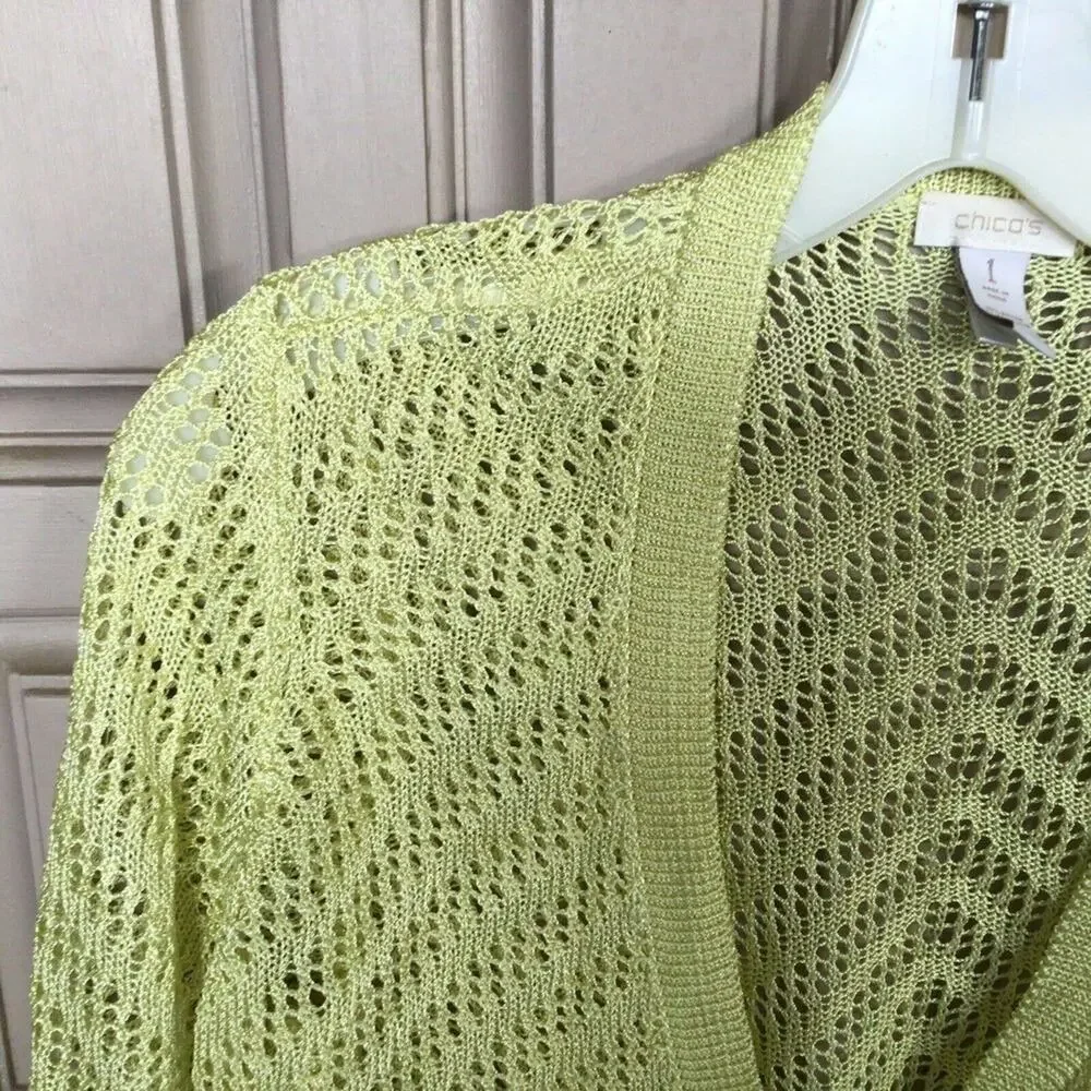 Chico's Sweater Sz1 Cardigan Yellow Open Knit V Neck Buttons 3/4 Sleeve Used